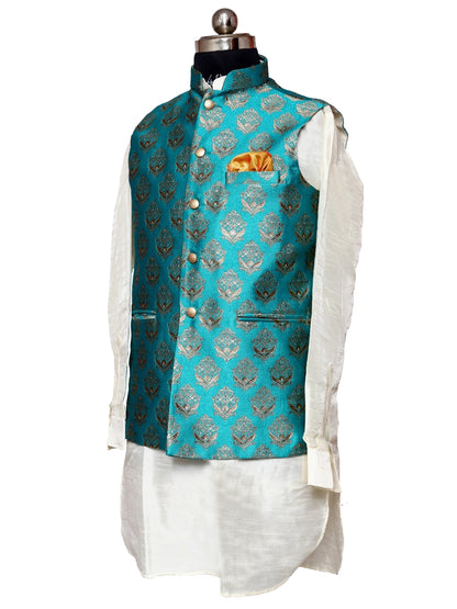 Jacket Kurta Set Banarasi Green For Men