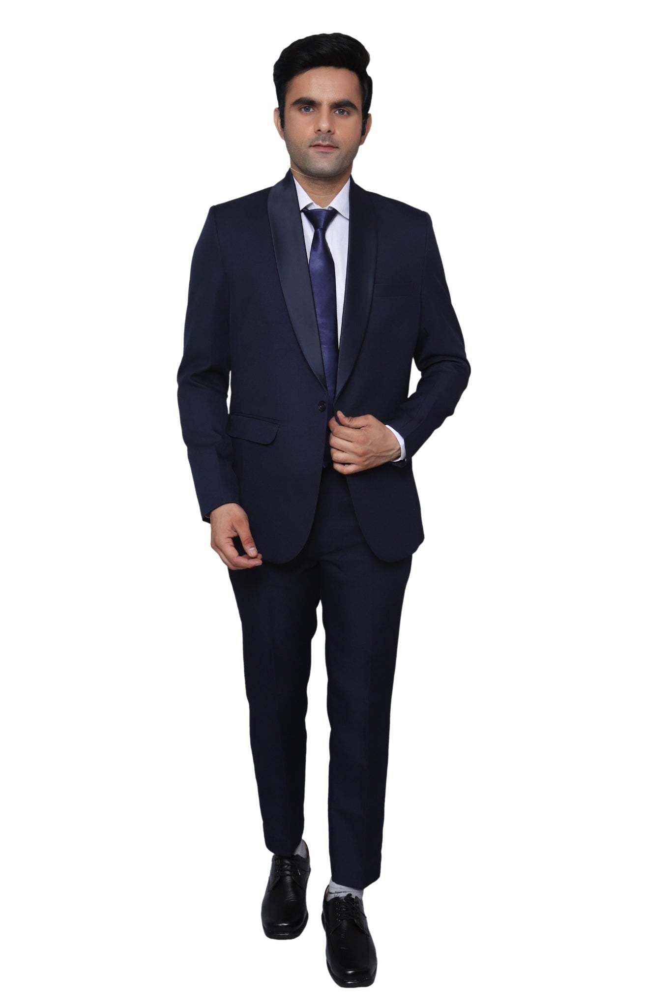 Tuxedo Two Piece Navy Blue Textured Formal Suit For Men