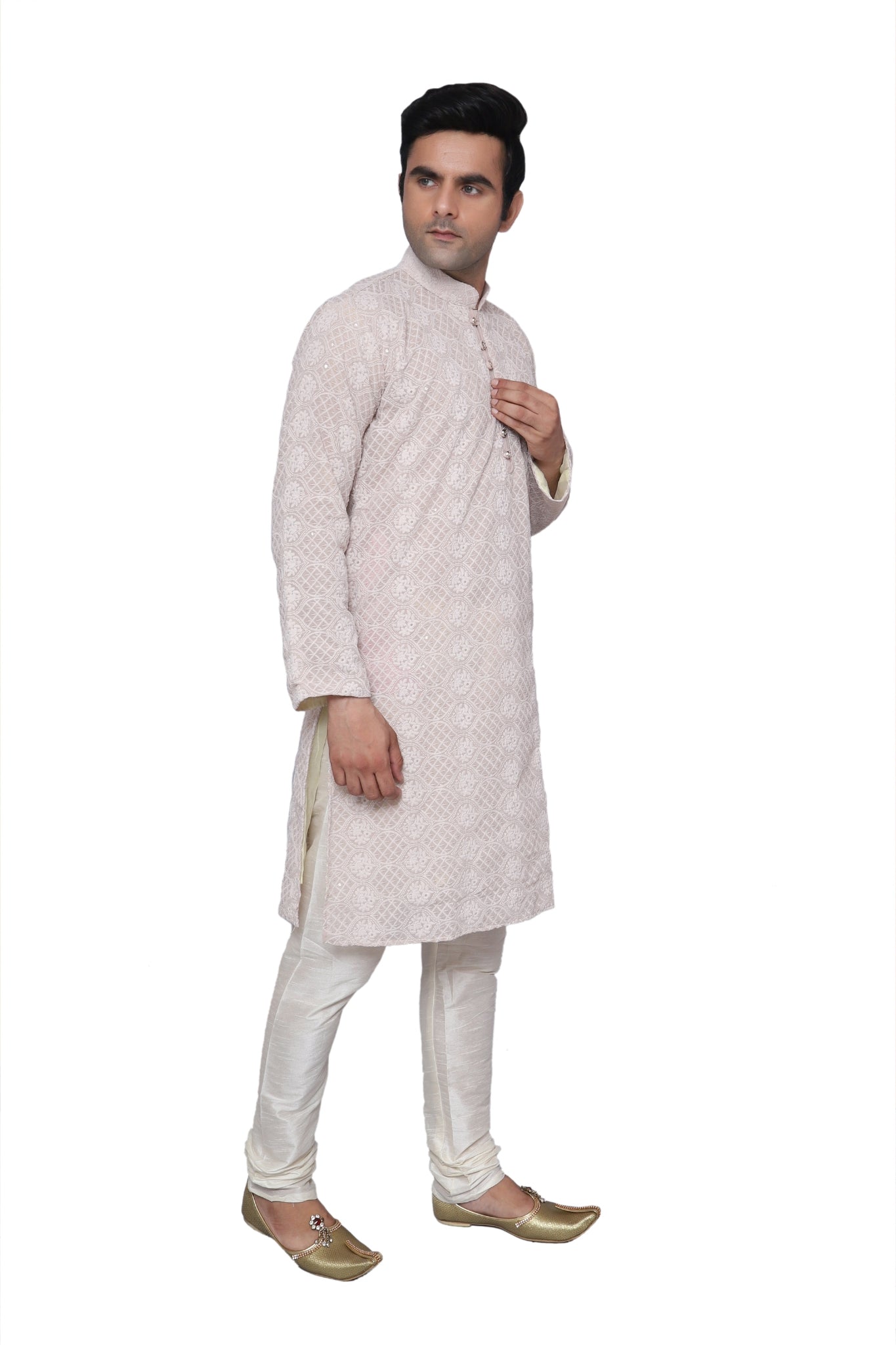 Chikankari Kurta Pajama Light Gold For Men