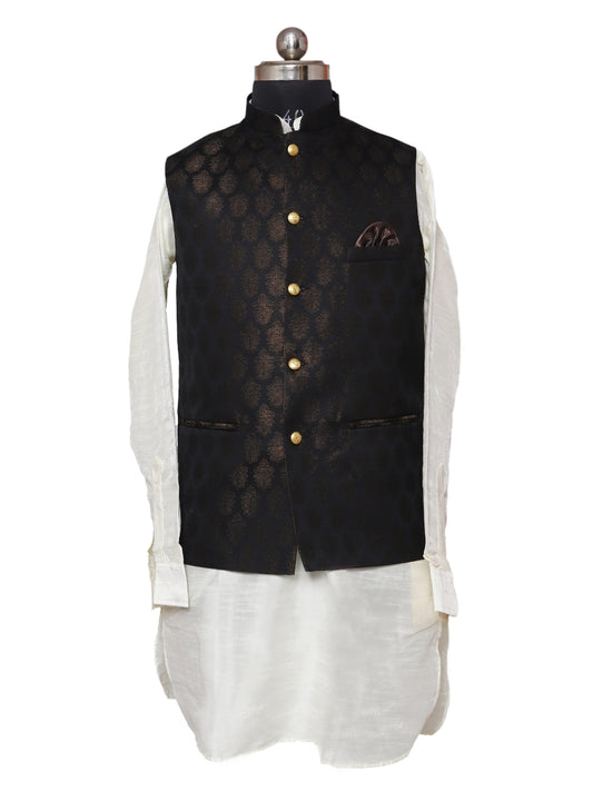 Jacket Kurta Set Banarasi Black For Men