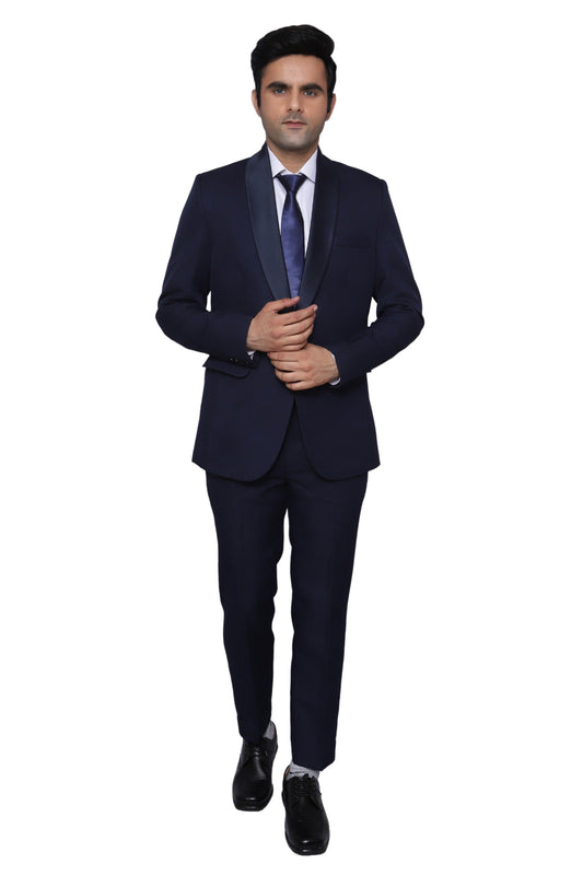 Tuxedo Two Piece Navy Blue Textured Formal Suit For Men