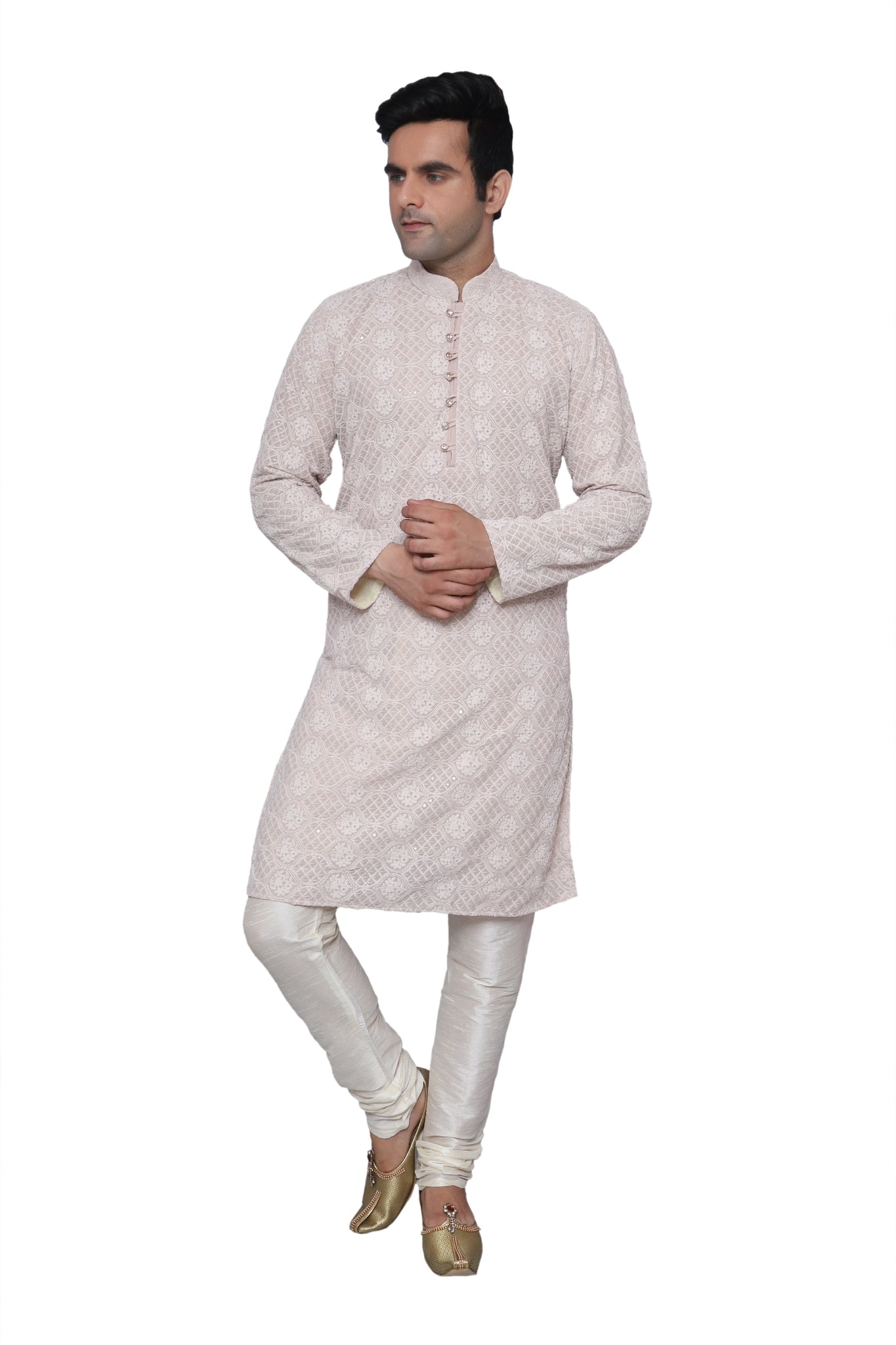 Chikankari Kurta Pajama Light Gold For Men