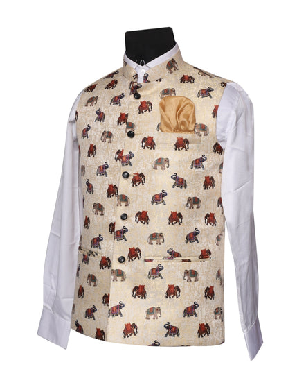 Crochet Printed Beige Jacket Kurta Set Men