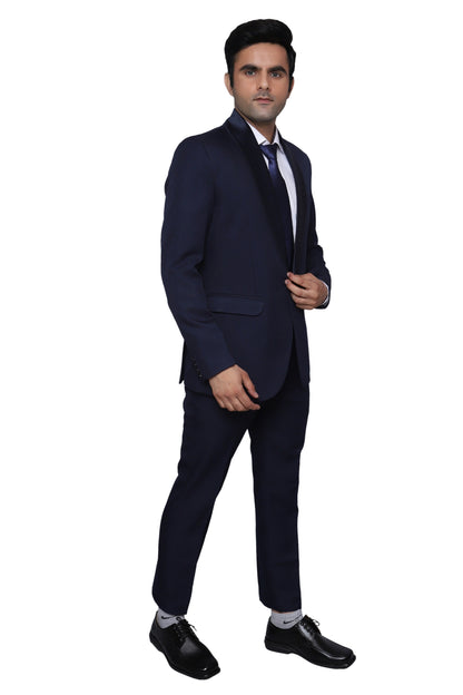 Tuxedo Two Piece Navy Blue Textured Formal Suit For Men