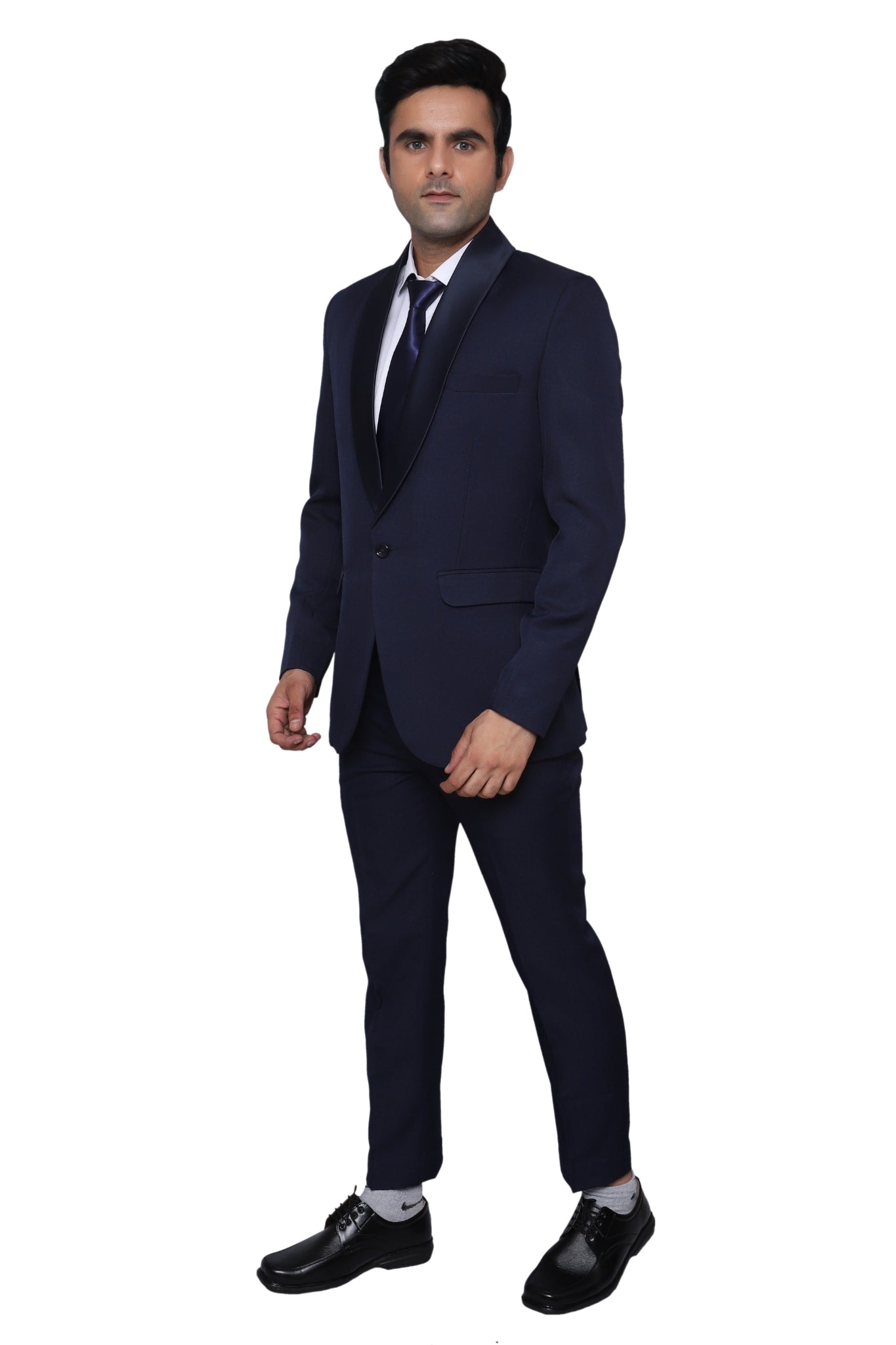 Tuxedo Two Piece Navy Blue Textured Formal Suit For Men