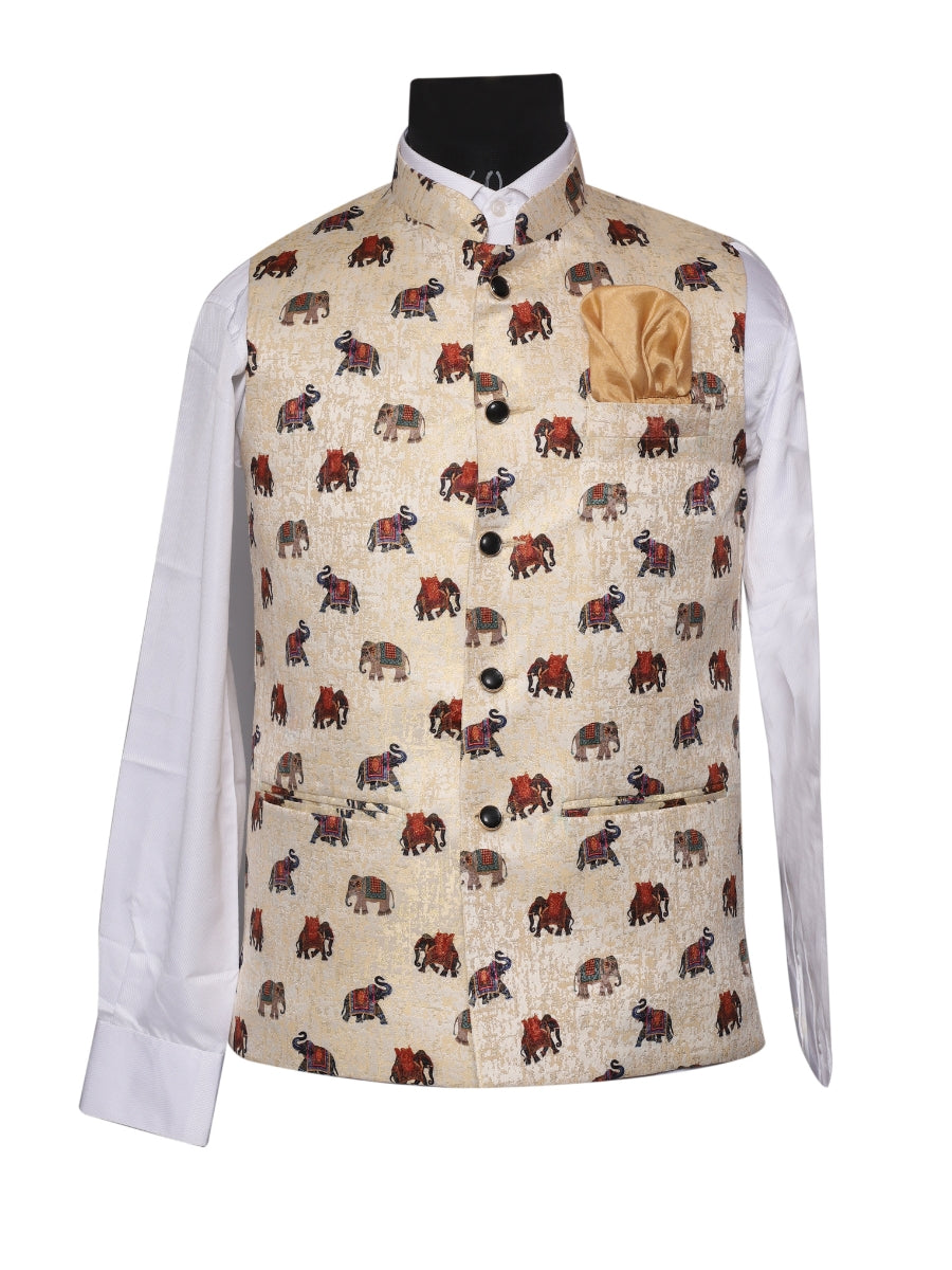 Crochet Printed Beige Jacket Kurta Set Men