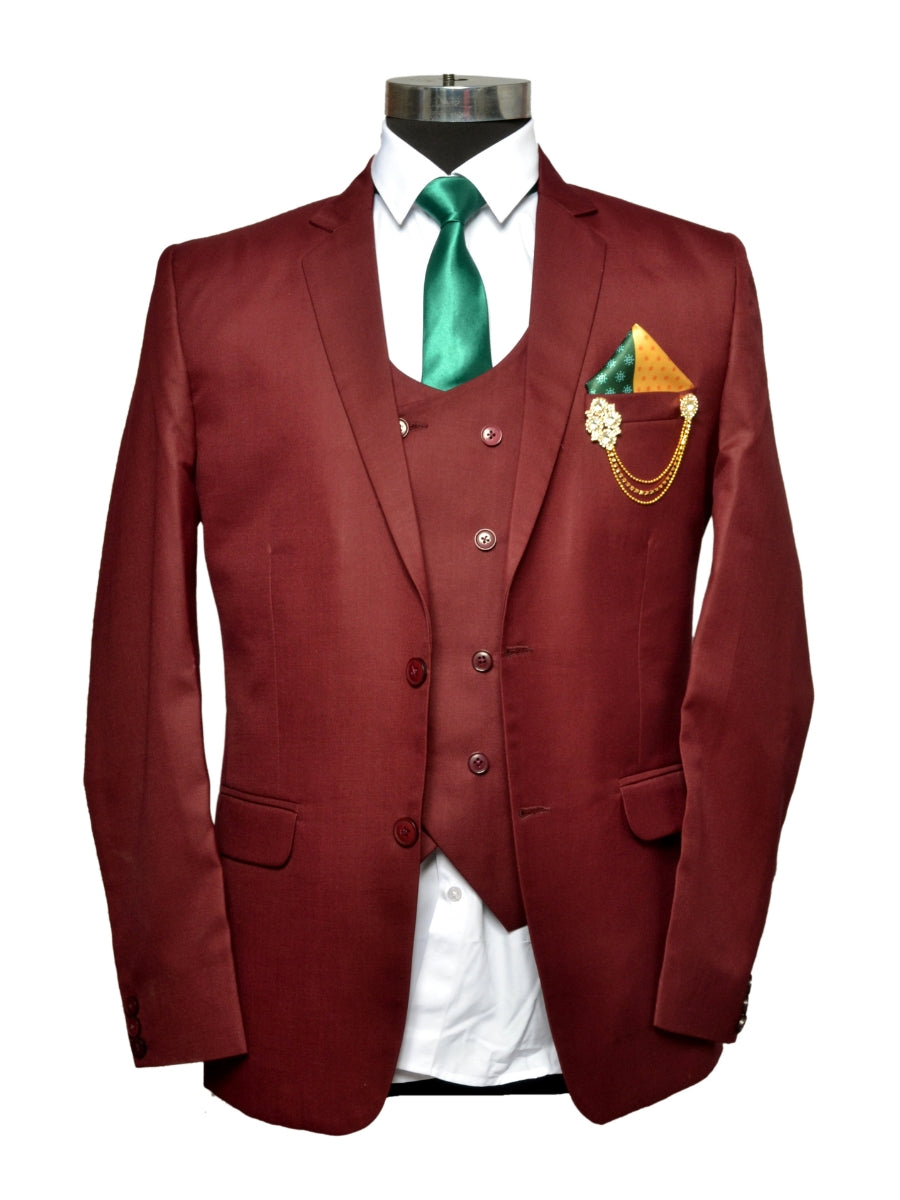 Party Wear Three Piece Suit Maroon For Men