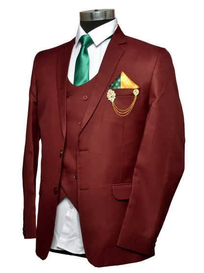 Party Wear Three Piece Suit Maroon For Men