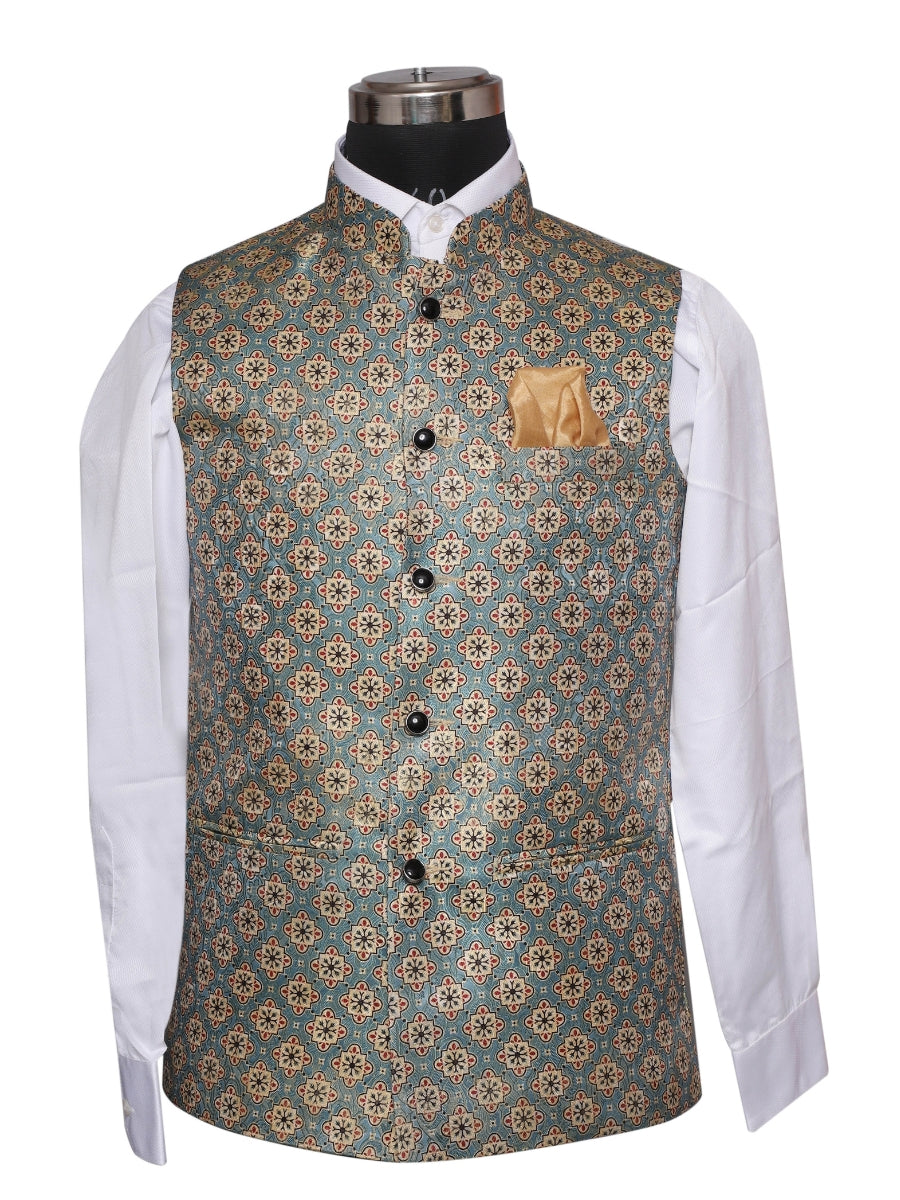 Jacket Kurta Set Banarasi Green For Men