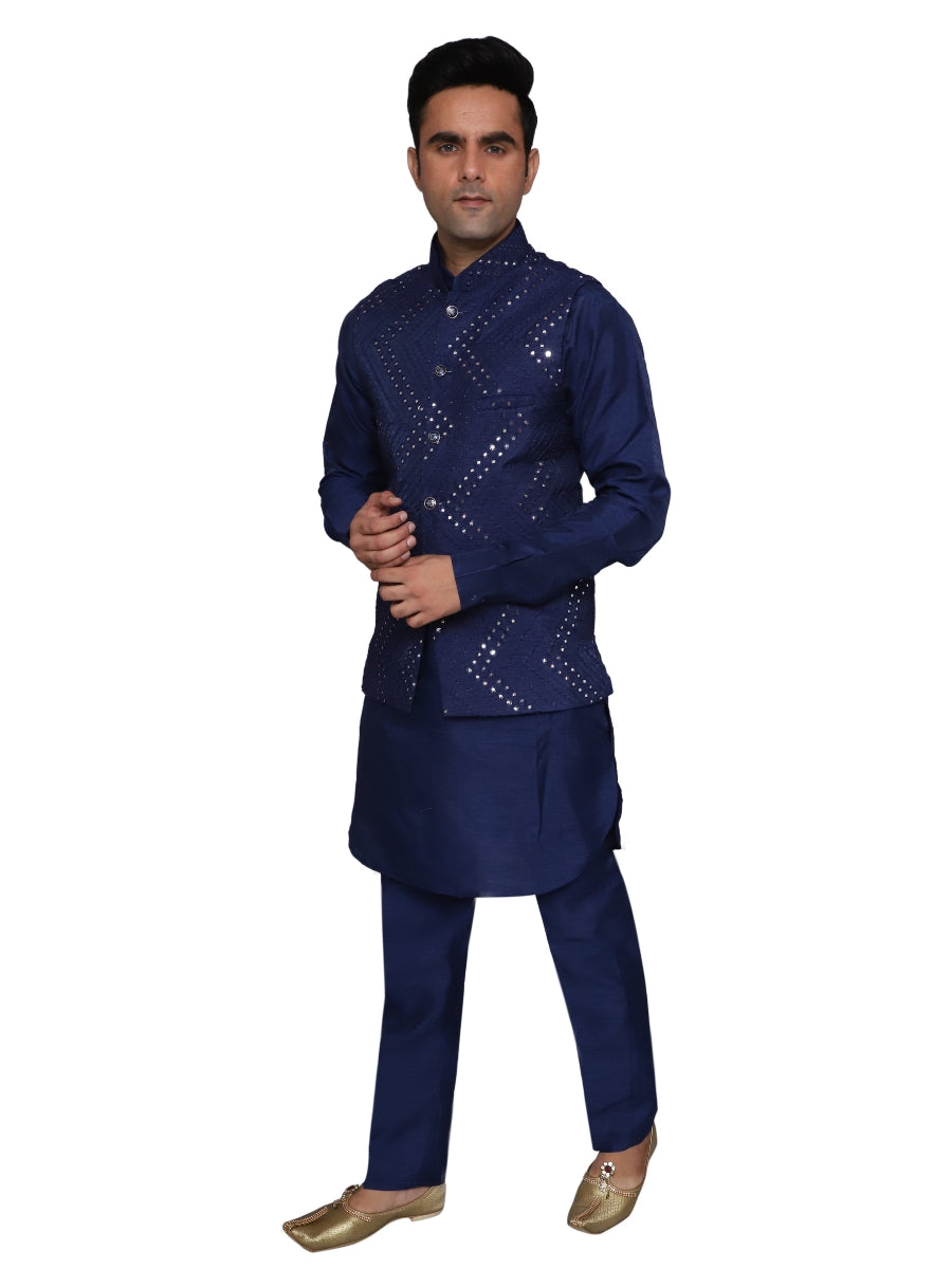 Kurta Pajama With Waistcoat Blue for Men