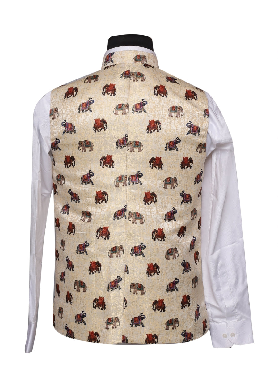 Crochet Printed Beige Jacket Kurta Set Men