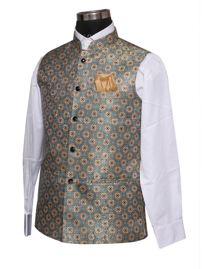 Jacket Kurta Set Banarasi Green For Men