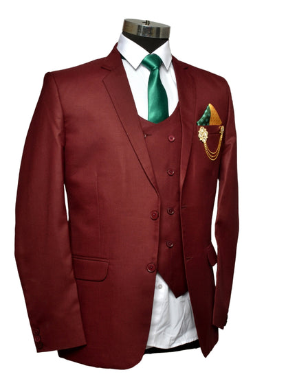 Party Wear Three Piece Suit Maroon For Men