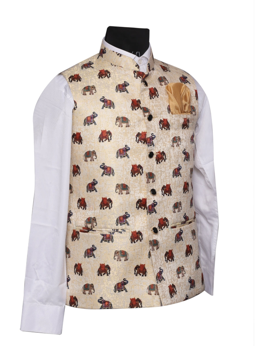 Crochet Printed Beige Jacket Kurta Set Men