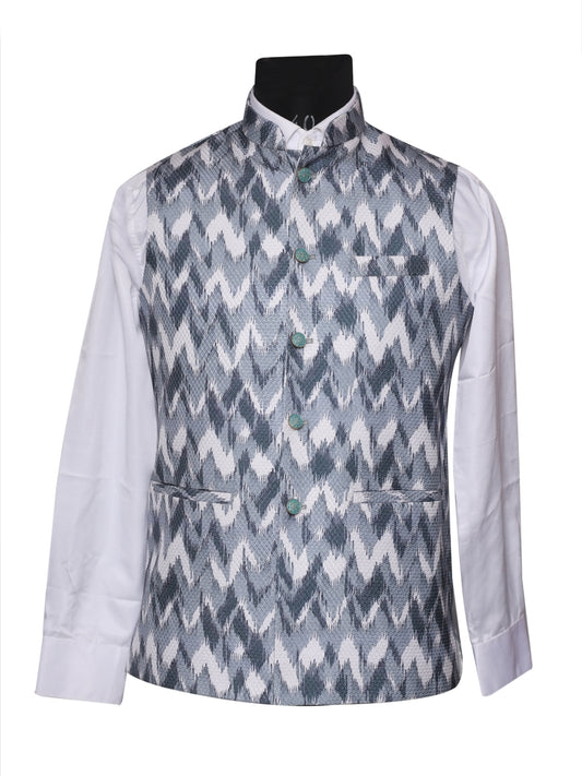 Crochet Printed Grey Jacket Kurta Set Men