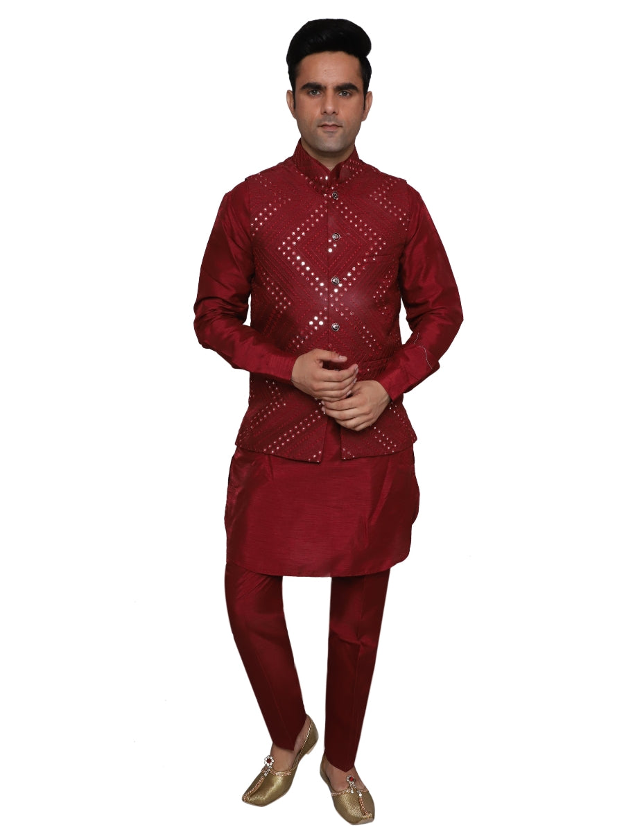 Kurta Pajama With Waistcoat Maroon for Men