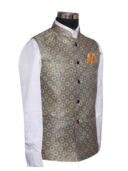 Jacket Kurta Set Banarasi Green For Men