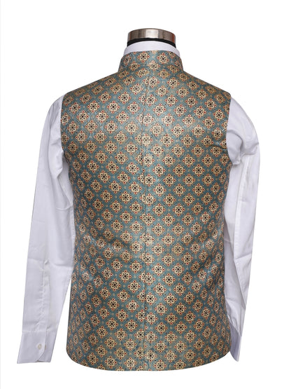 Jacket Kurta Set Banarasi Green For Men