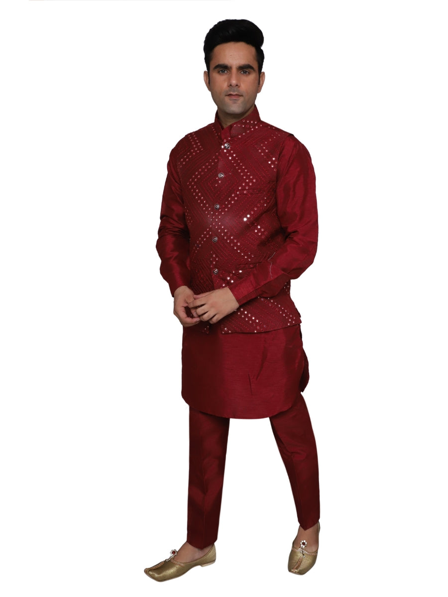 Kurta Pajama With Waistcoat Maroon for Men