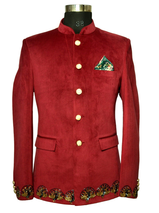 Jodhpuri Suit Dark Red Emboidery Pattern For Men