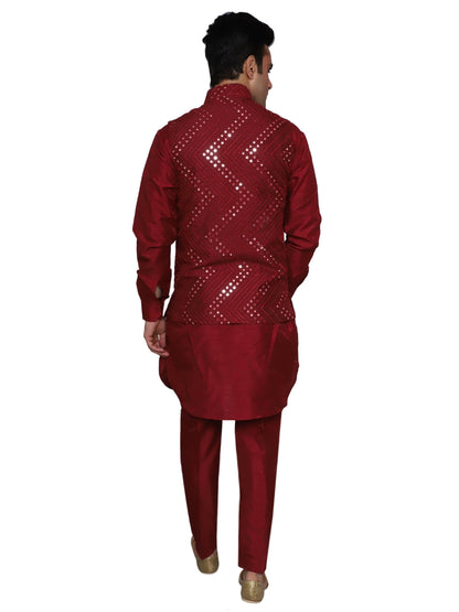 Kurta Pajama With Waistcoat Maroon for Men