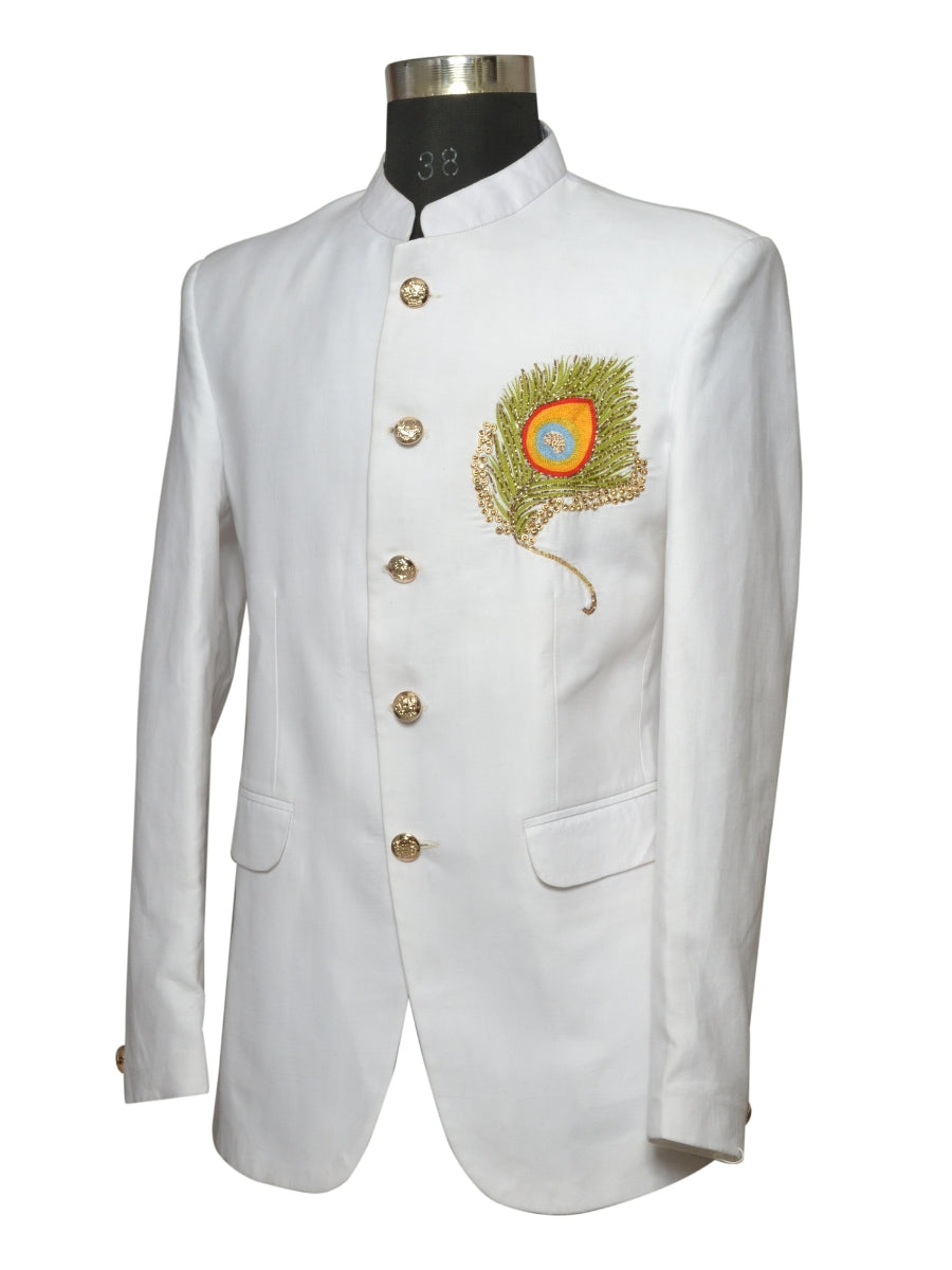 Jodhpuri Suit With Morpankhi In Smart Fit Two Piece White For Men