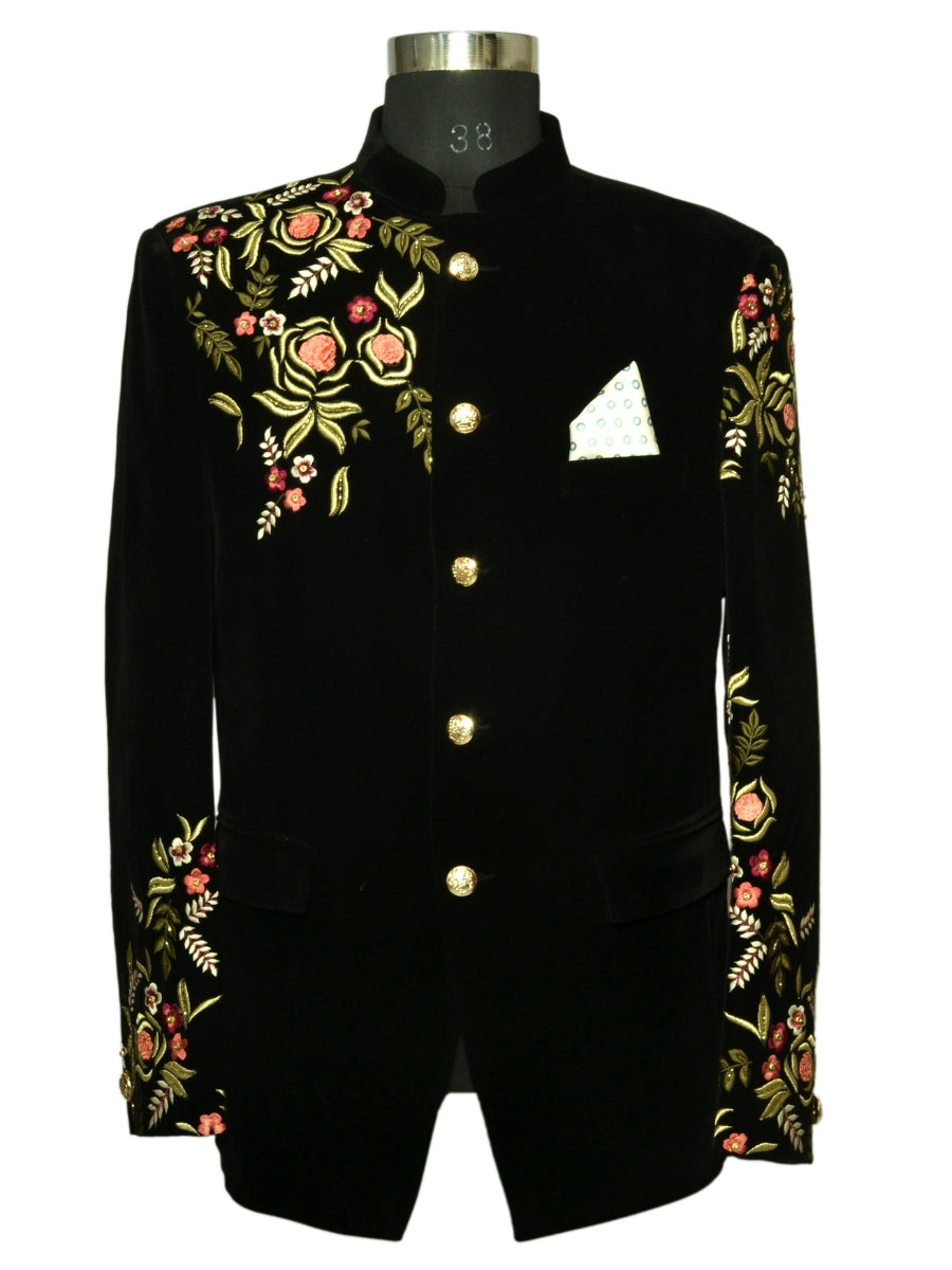 Grace Of Golden Zari And Hand Embroidery Two Piece Suit Black For Men