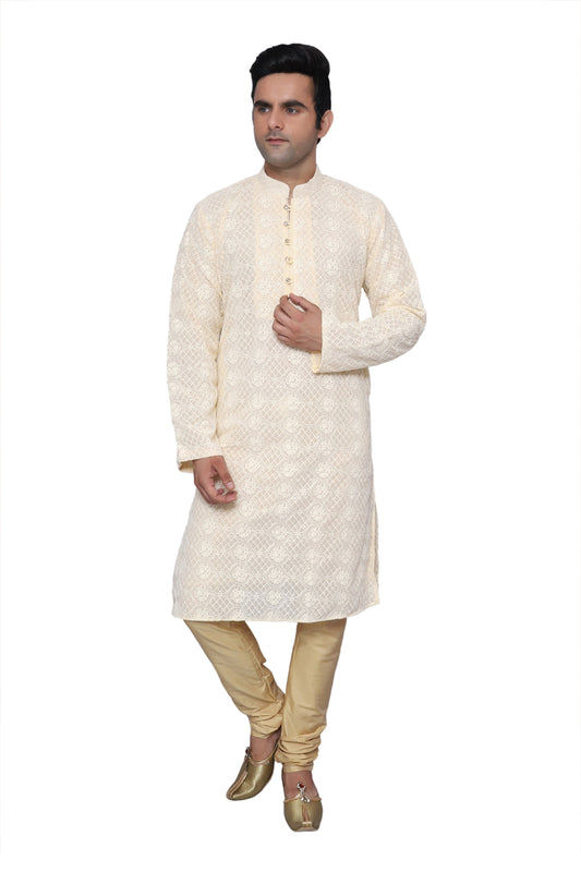 Chikankari Kurta Pajama Beige For Men