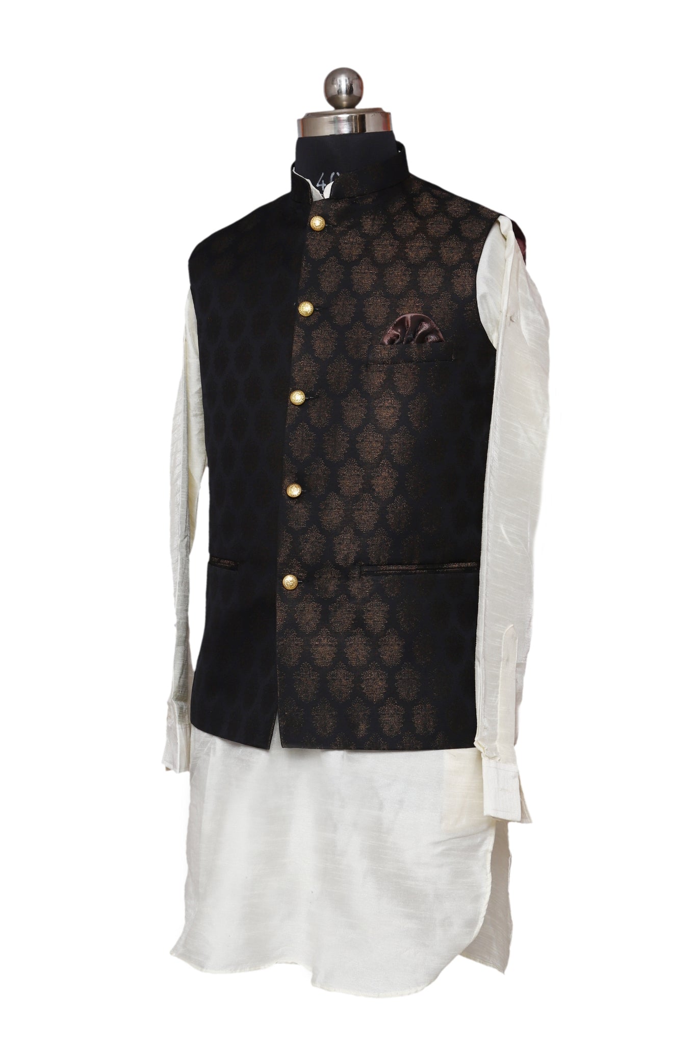 Jacket Kurta Set Banarasi Black For Men