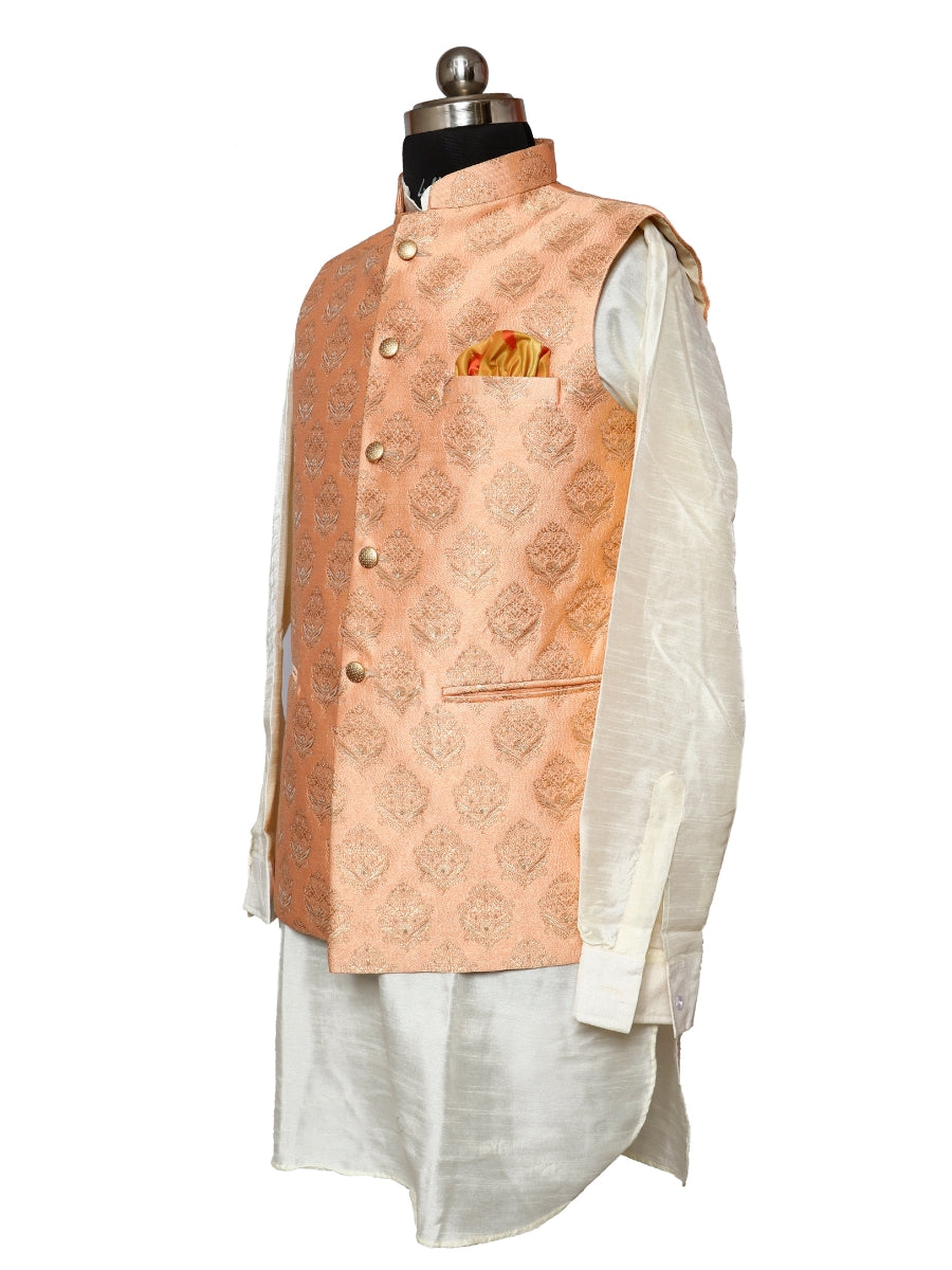 Jacket Kurta Set Banarasi Orange For Men