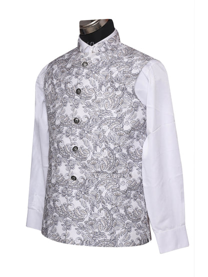 Crochet Printed Grey Jacket  Kurta Set  Men