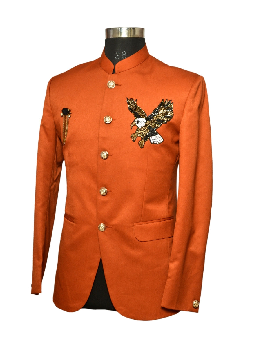 Jodhpuri Suit Dark Orange Emboidery Pattern For Men