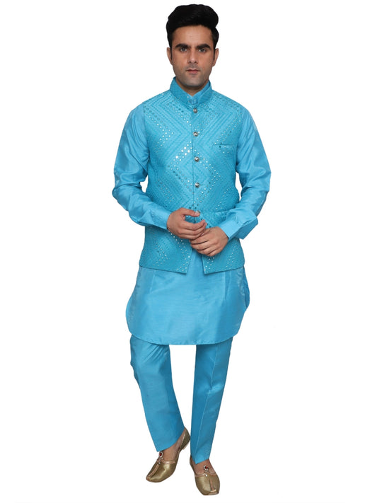 Kurta Pajama With Waistcoat Sky Blue for Men