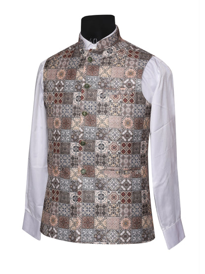 Crochet Printed Multicolor Jacket Kurta Set Men