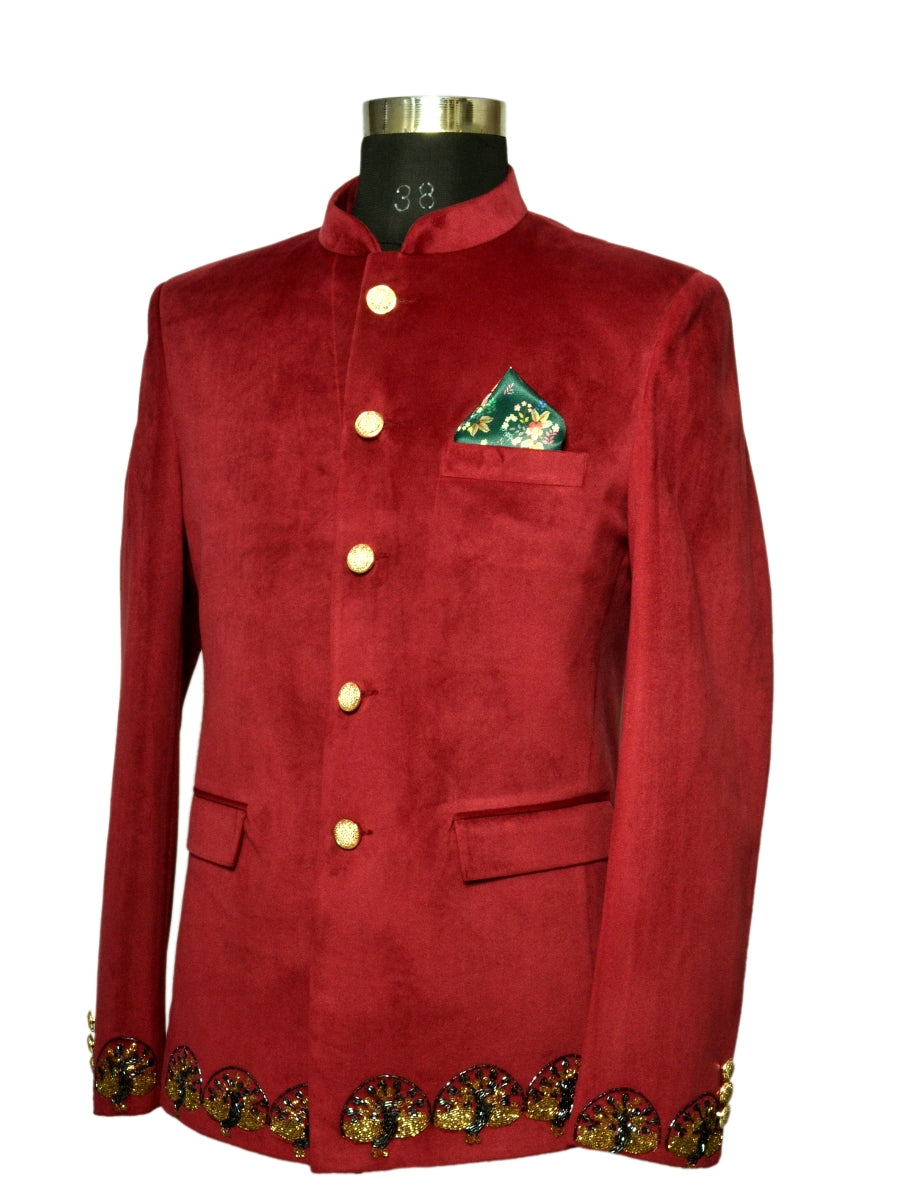 Jodhpuri Suit Dark Red Emboidery Pattern For Men