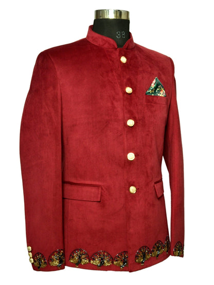 Jodhpuri Suit Dark Red Emboidery Pattern For Men