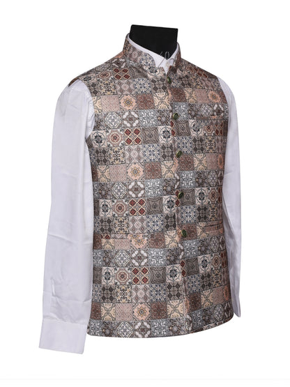 Crochet Printed Multicolor Jacket Kurta Set Men