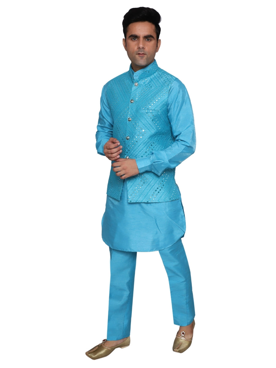 Kurta Pajama With Waistcoat Sky Blue for Men