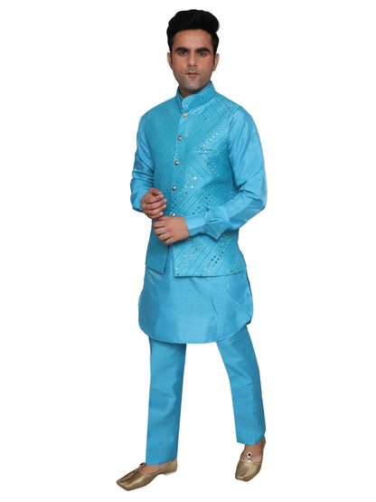 Kurta Pajama With Waistcoat Sky Blue for Men