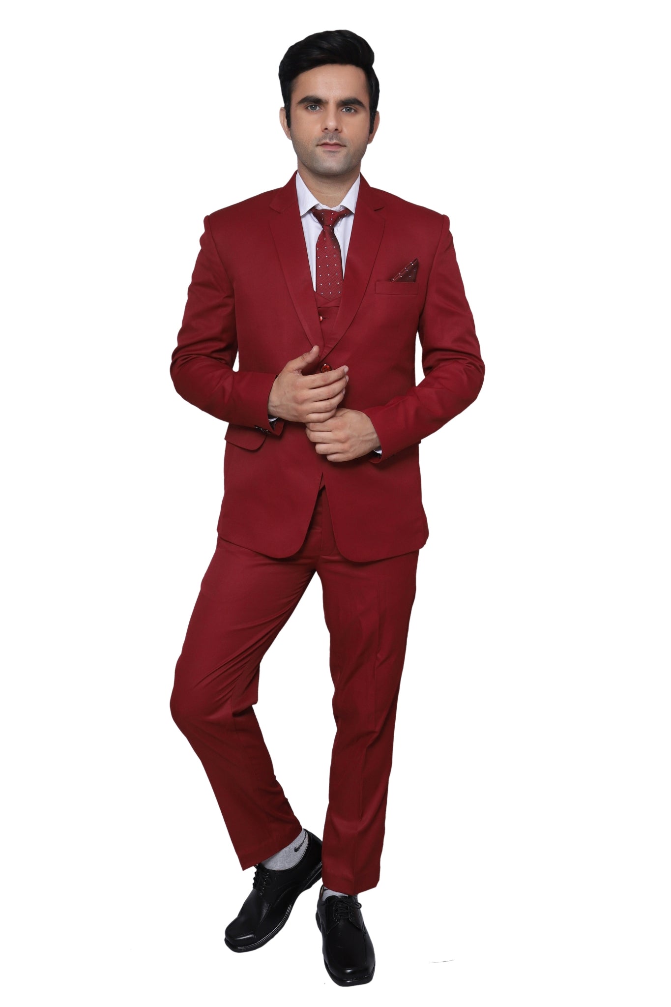 Plain Three Piece Suit Maroon For Men