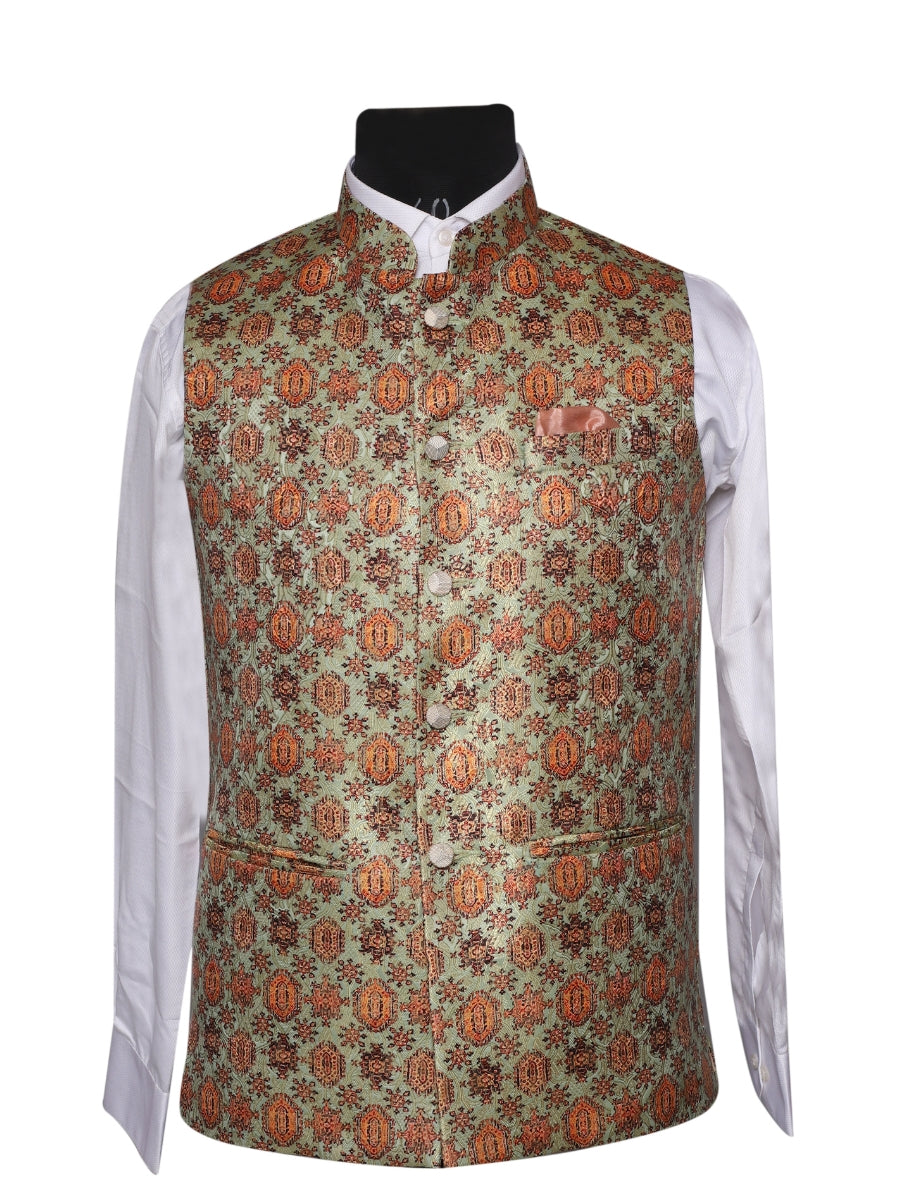 Jacket Kurta Set Banarasi Olive Green For Men