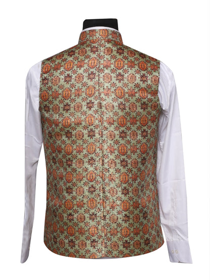 Jacket Kurta Set Banarasi Olive Green For Men