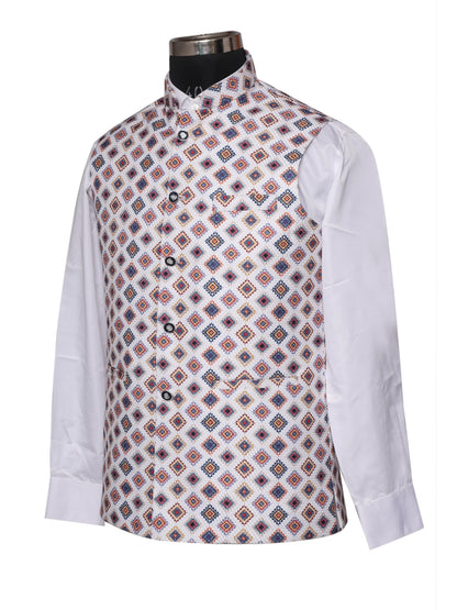 Crochet Printed Red Jacket Kurta Set Men