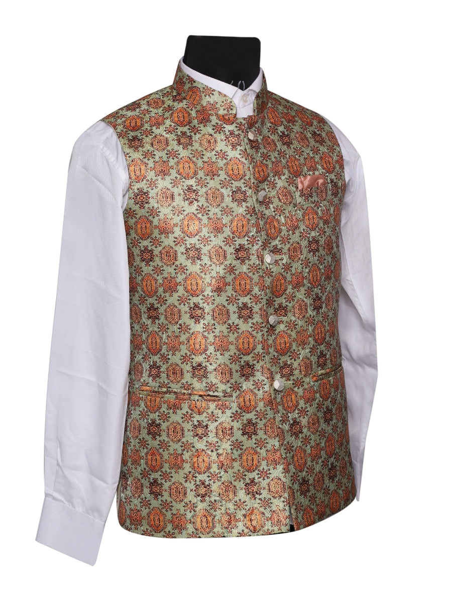 Jacket Kurta Set Banarasi Olive Green For Men