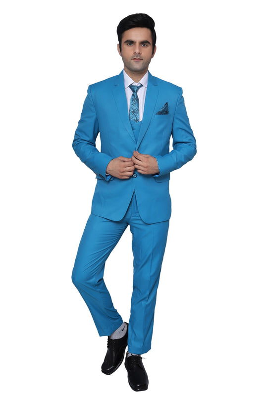 Plain Three Piece Suit Sky Blue For Men