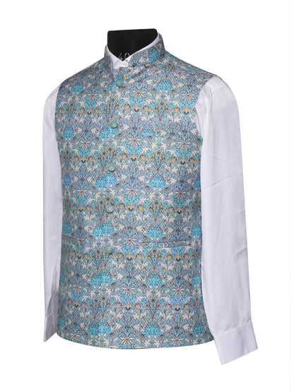 Crochet Printed Sky Blue Jacket Kurta Set Men