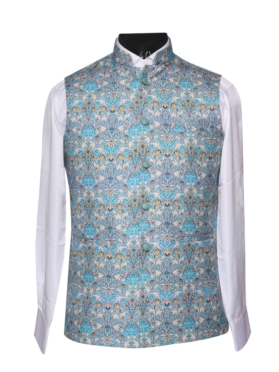 Crochet Printed Sky Blue Jacket Kurta Set Men