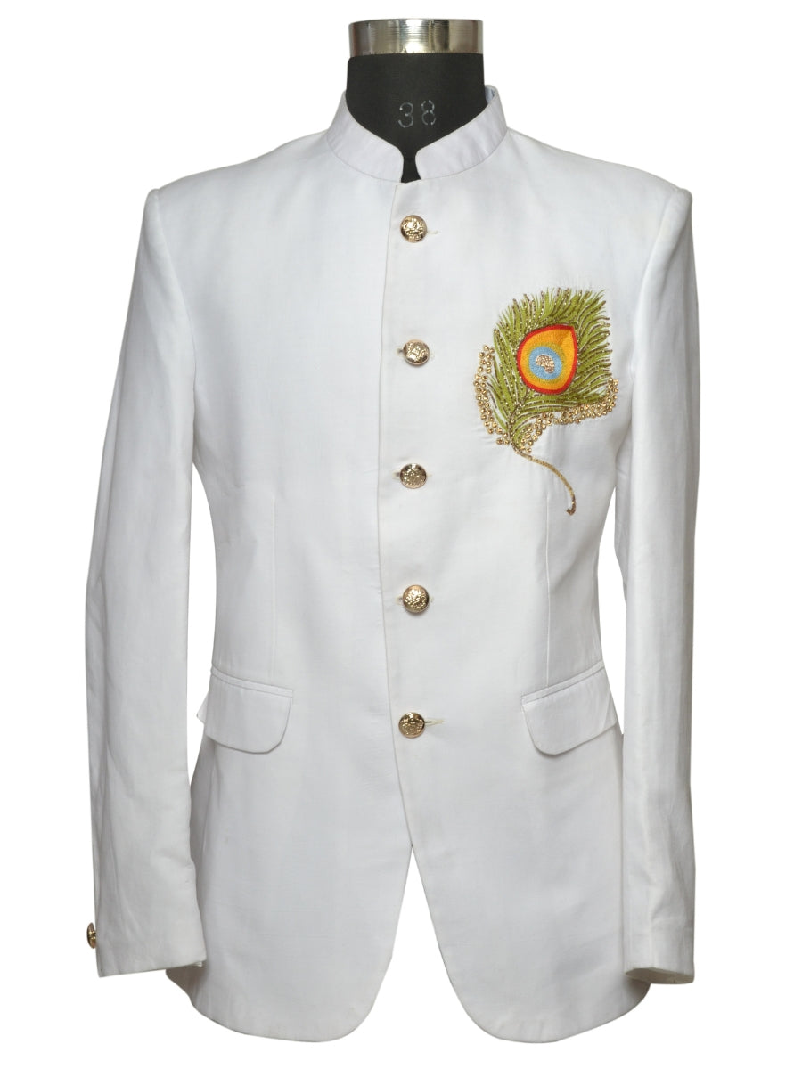 Jodhpuri Suit With Morpankhi In Smart Fit Two Piece White For Men