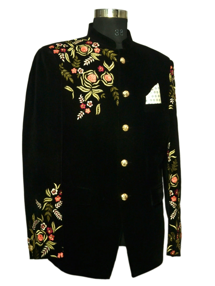 Grace Of Golden Zari And Hand Embroidery Two Piece Suit Black For Men