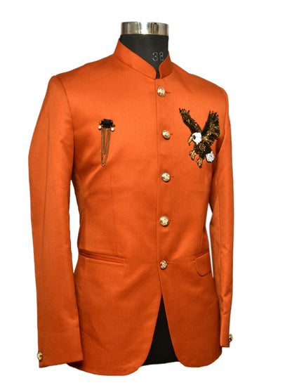 Jodhpuri Suit Dark Orange Emboidery Pattern For Men